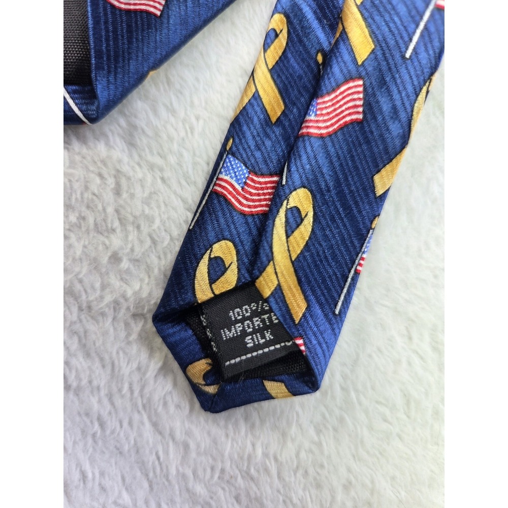 American Traditions USA Made Silk Tie Gold Ribbon American Flag Patriotic Navy - Picture 5 of 9